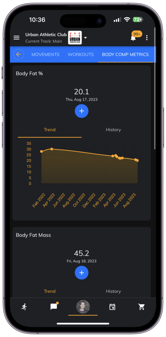 Chalk It Pro app where members can talk to other members can track body composition.