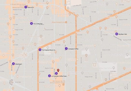 Map of best coffee bars in Shaw