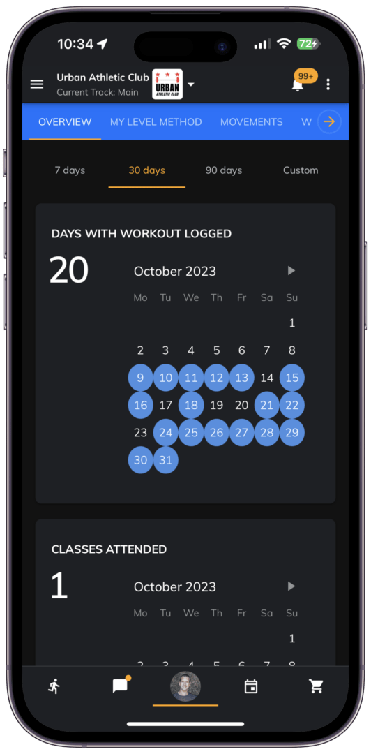 Chalk It Pro app where members can view their workout history. 