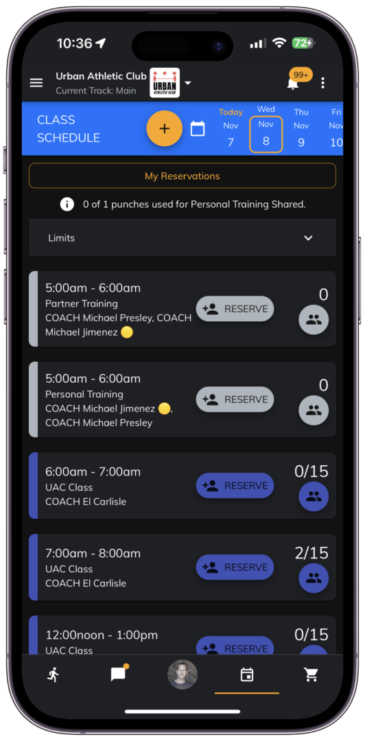 Chalk It Pro app where members can reserve a class. 